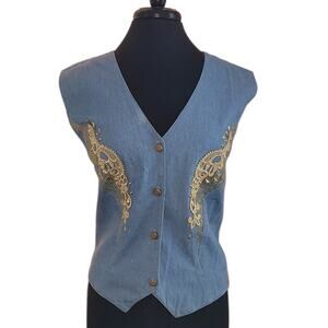 VTG 90s Embroidered Denim Vest USA Western Boho 18 Eclectic Grandpa Rodeo Wear